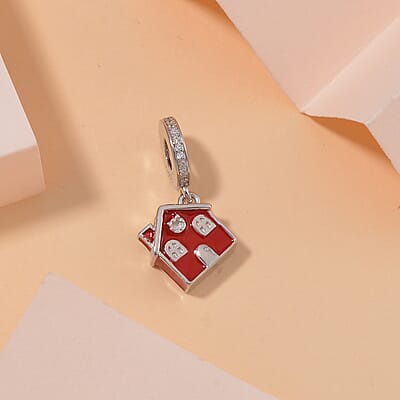 Simulated Diamond and Enameled A Red Home Charm in Rhodium Over Sterling Silver 0.25 ctw