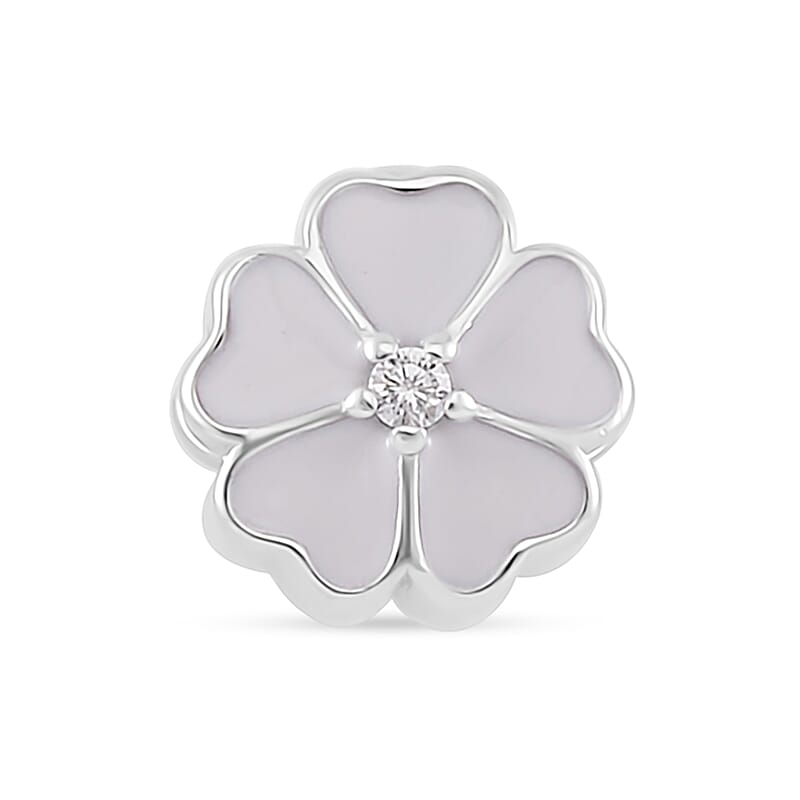 Simulated Diamond and Enameled Flower Charm in Rhodium Over Sterling Silver