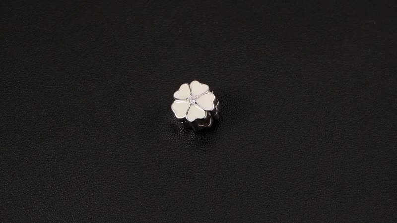 Simulated Diamond and Enameled Flower Charm in Rhodium Over Sterling Silver