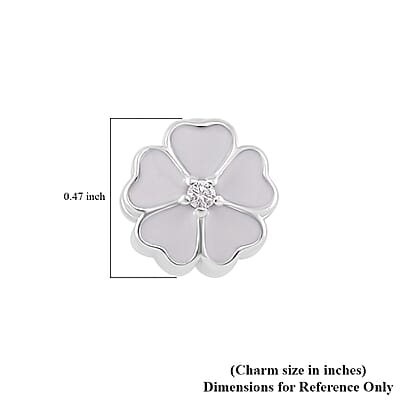 Simulated Diamond and Enameled Flower Charm in Rhodium Over Sterling Silver
