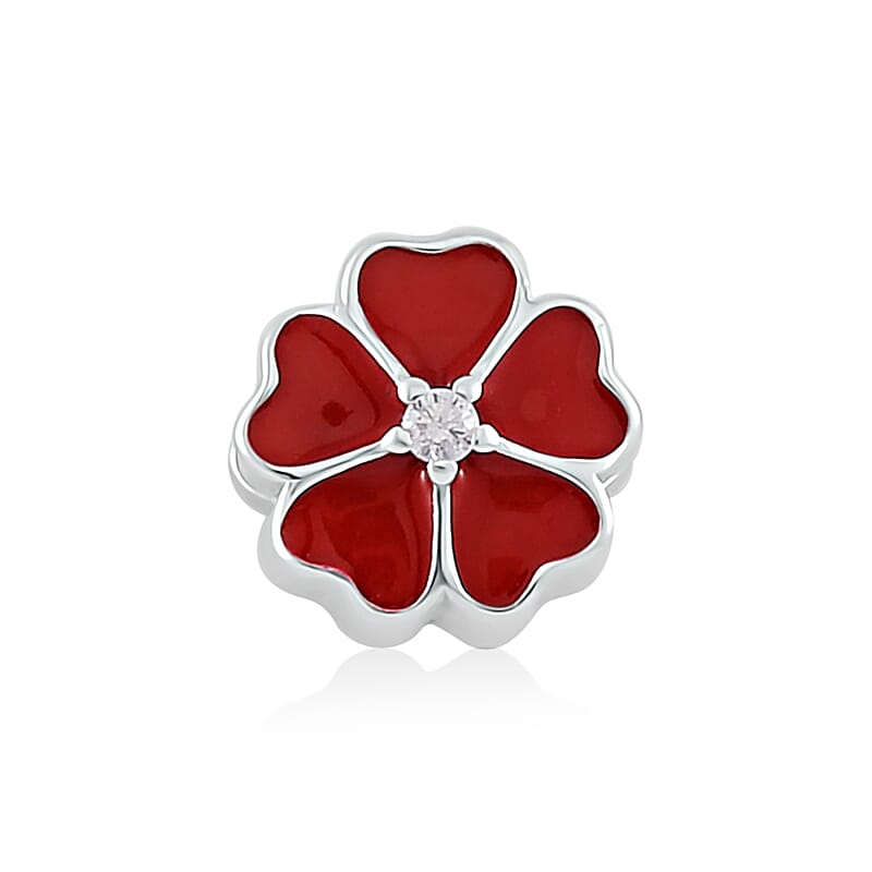 Simulated Diamond and Enameled Red Flower Charm in Rhodium Over Sterling Silver