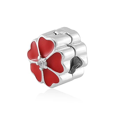 Simulated Diamond and Enameled Red Flower Charm in Rhodium Over Sterling Silver