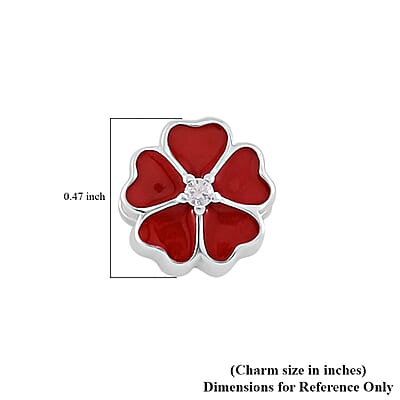 Simulated Diamond and Enameled Red Flower Charm in Rhodium Over Sterling Silver