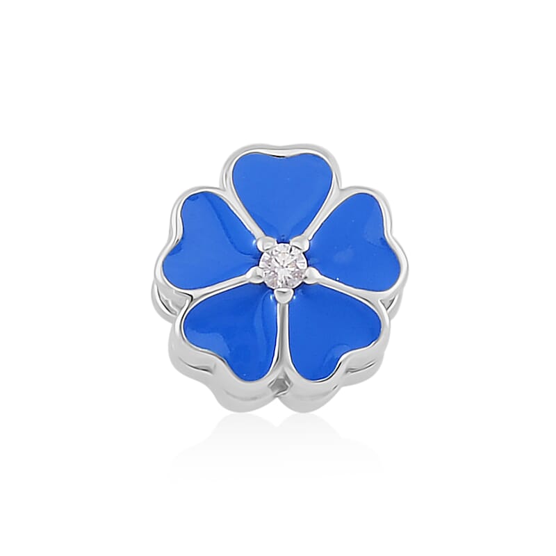 Simulated Diamond and Enameled Blue Flower Charm in Rhodium Over Sterling Silver