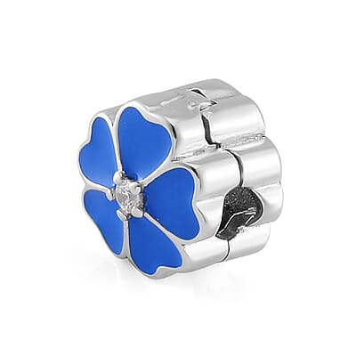 Simulated Diamond and Enameled Blue Flower Charm in Rhodium Over Sterling Silver