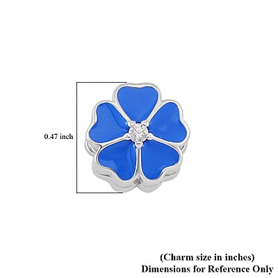 Simulated Diamond and Enameled Blue Flower Charm in Rhodium Over Sterling Silver