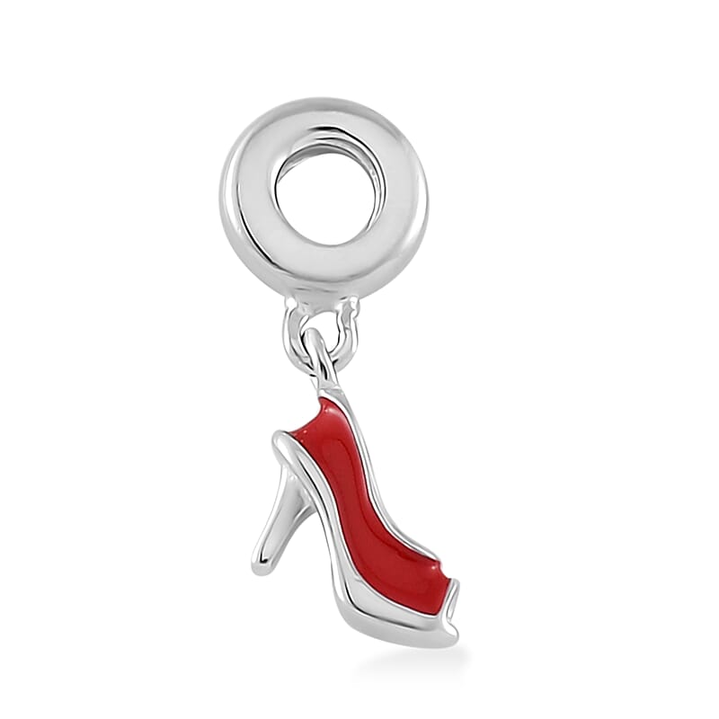 Red Enameled Fish Mouth Heels Charm in Rhodium Over Sterling Silver