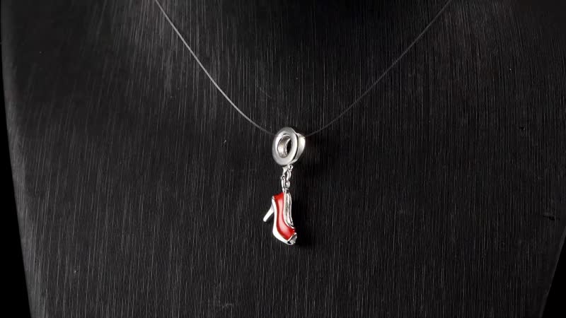 Red Enameled Fish Mouth Heels Charm in Rhodium Over Sterling Silver