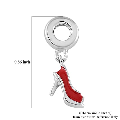 Red Enameled Fish Mouth Heels Charm in Rhodium Over Sterling Silver