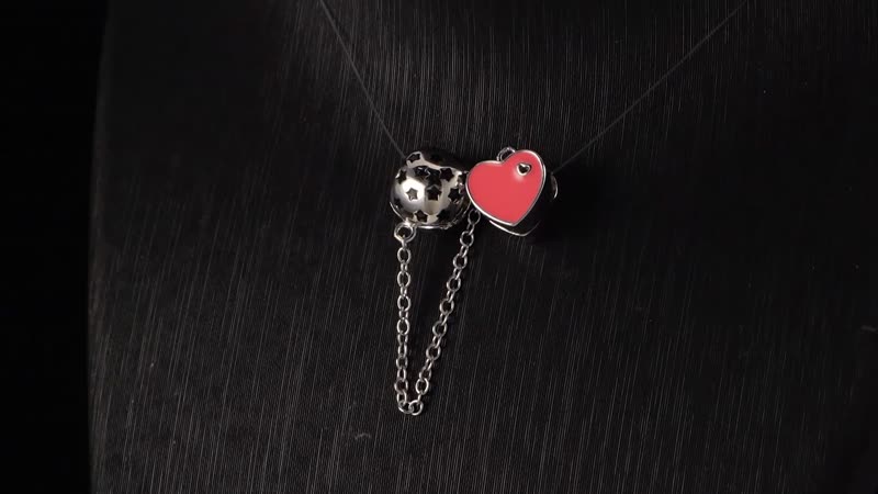 Enameled Pink Heart and Black Stars Charm in Rhodium Over Sterling Silver