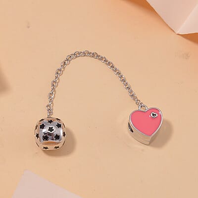 Enameled Pink Heart and Black Stars Charm in Rhodium Over Sterling Silver