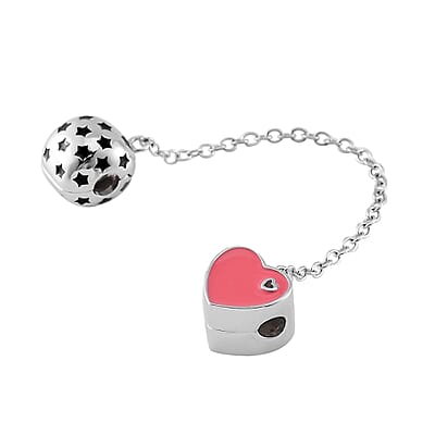 Enameled Pink Heart and Black Stars Charm in Rhodium Over Sterling Silver