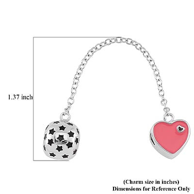Enameled Pink Heart and Black Stars Charm in Rhodium Over Sterling Silver