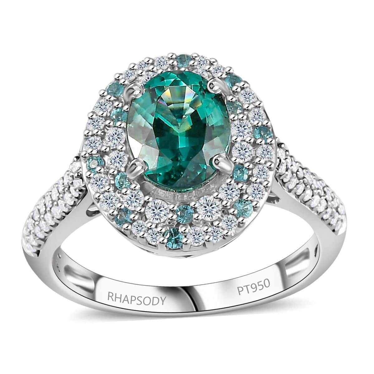 Certified & Appraised Rhapsody AAAA Pirineu Lagoon Tourmaline, Paraiba Tourmaline and E-F VS Diamond 2.62 ctw Ring in 950 Platinum (Size 7.0) 7.80 Grams image number 0