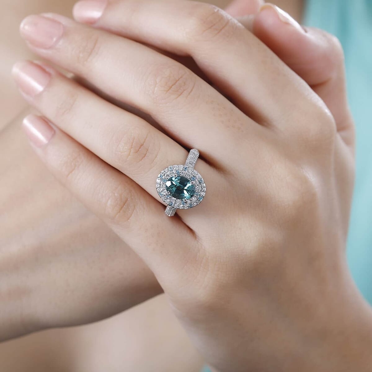 Certified & Appraised Rhapsody AAAA Pirineu Lagoon Tourmaline, Paraiba Tourmaline and E-F VS Diamond 2.62 ctw Ring in 950 Platinum (Size 7.5) 7.80 Grams image number 2