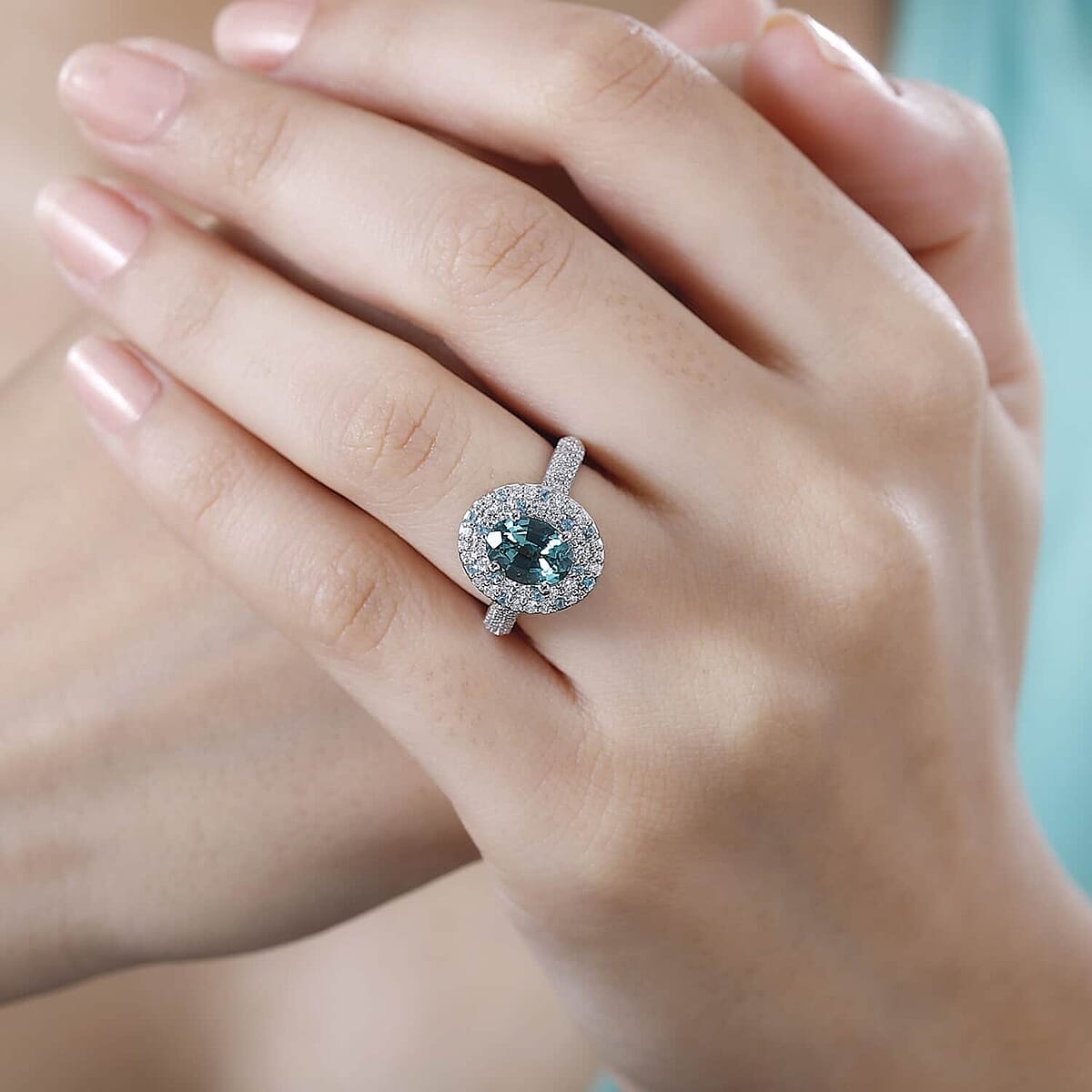 Certified & Appraised Rhapsody AAAA Pirineu Lagoon Tourmaline, Paraiba Tourmaline and E-F VS Diamond 2.62 ctw Ring in 950 Platinum (Size 8.5) 7.80 Grams image number 2