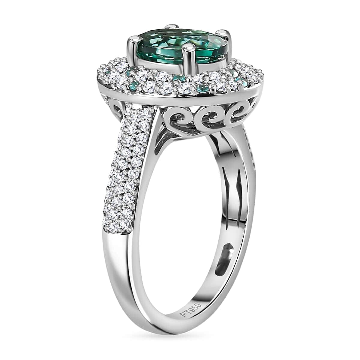 Certified & Appraised Rhapsody AAAA Pirineu Lagoon Tourmaline, Paraiba Tourmaline and E-F VS Diamond 2.62 ctw Ring in 950 Platinum (Size 8.5) 7.80 Grams image number 3