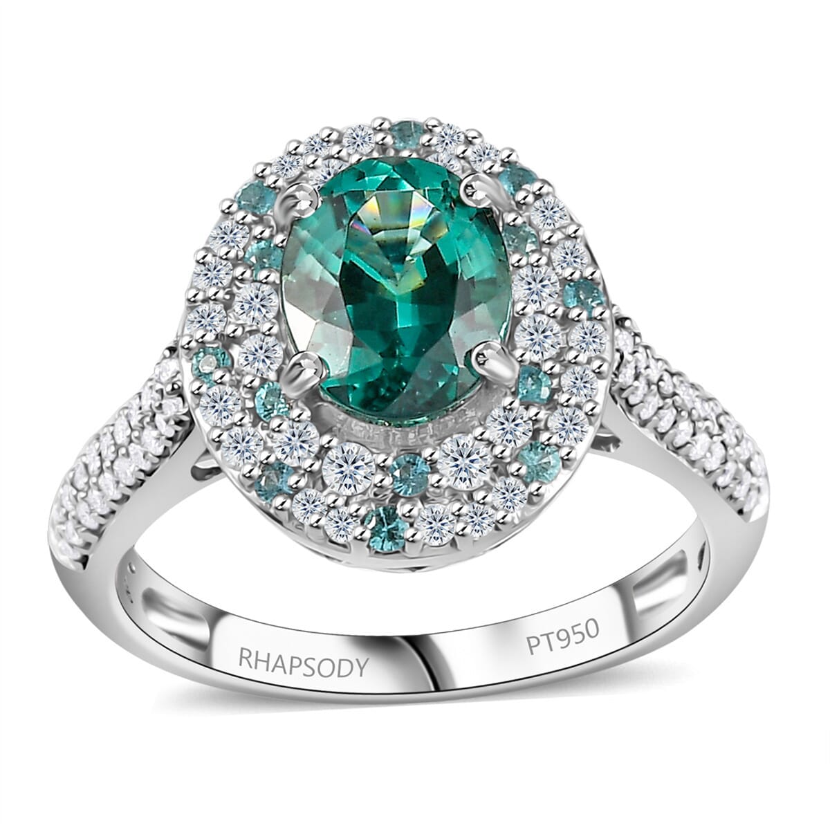Certified & Appraised Rhapsody AAAA Pirineu Lagoon Tourmaline, Paraiba Tourmaline and E-F VS Diamond 2.62 ctw Ring in 950 Platinum (Size 9.0) 7.80 Grams image number 0