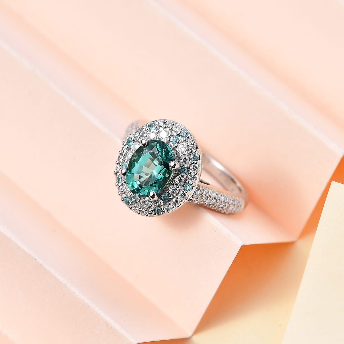 Certified & Appraised Rhapsody AAAA Pirineu Lagoon Tourmaline, Paraiba Tourmaline and E-F VS Diamond 2.62 ctw Ring in 950 Platinum (Size 9.0) 7.80 Grams image number 1
