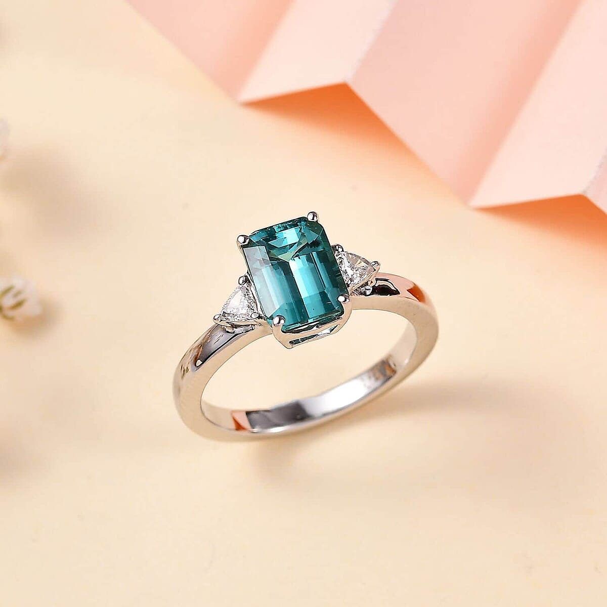 Certified & Appraised Rhapsody AAAA Pirineu Lagoon Tourmaline and E-F VS Diamond 2.47 ctw Ring in 950 Platinum (Size 11.0) 7.80 Grams image number 1