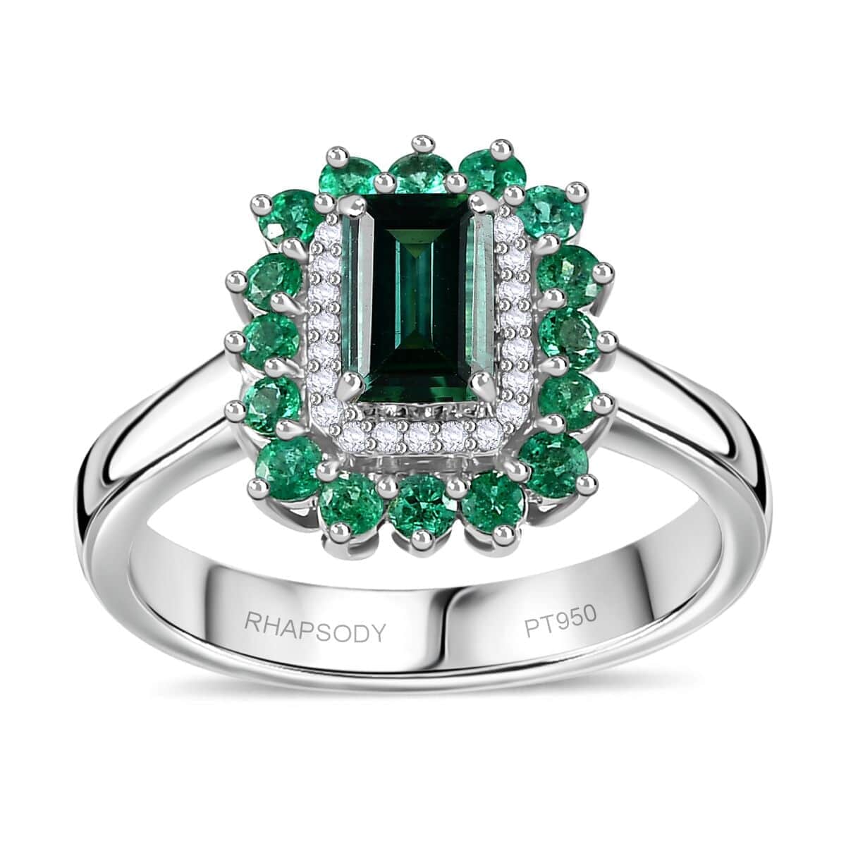 Certified & Appraised Rhapsody 950 Platinum AAAA Pirineu Lagoon Tourmaline, Boyaca Colombian Emerald and Diamond Double Halo Ring 7.10 Grams 1.43 ctw image number 0