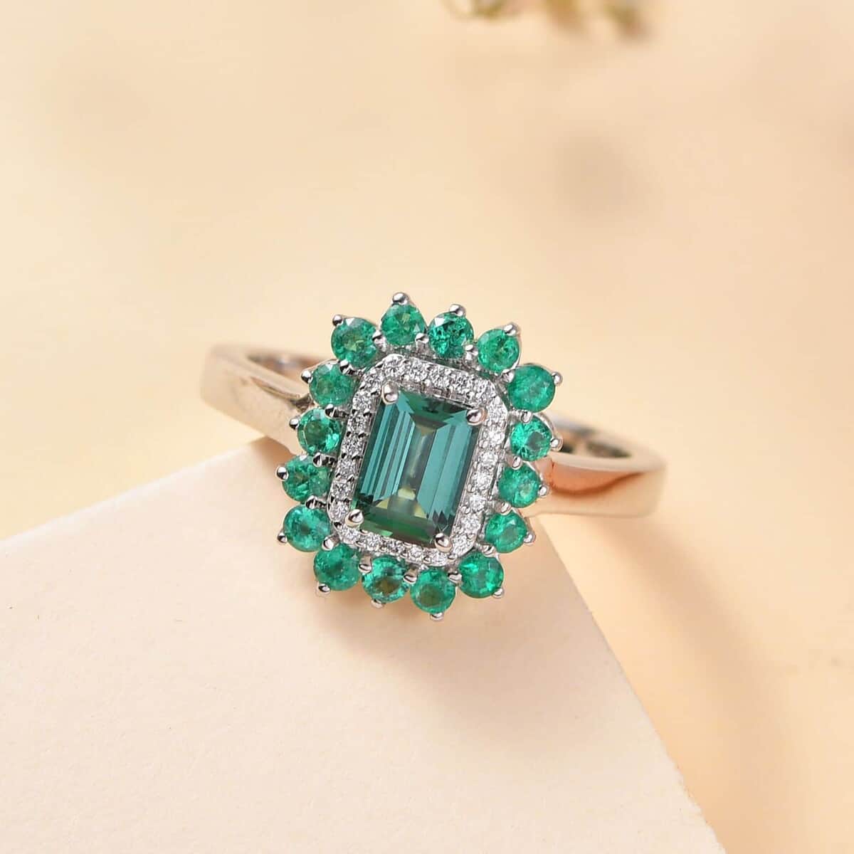 Certified & Appraised Rhapsody 950 Platinum AAAA Pirineu Lagoon Tourmaline, Boyaca Colombian Emerald and Diamond Double Halo Ring 7.10 Grams 1.43 ctw image number 1