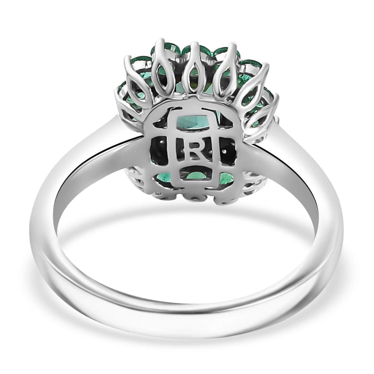 Certified & Appraised Rhapsody 950 Platinum AAAA Pirineu Lagoon Tourmaline, Boyaca Colombian Emerald and Diamond Double Halo Ring 7.10 Grams 1.43 ctw image number 4