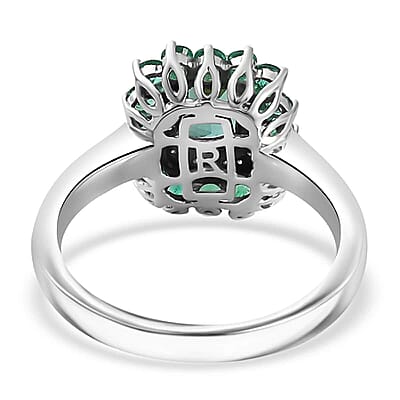 Certified & Appraised Rhapsody AAAA Pirineu Lagoon Tourmaline, Boyaca Colombian Emerald and E-F VS Diamond 1.43 ctw Double Halo Ring in 950 Platinum (Size 10.0) 7.10 Grams