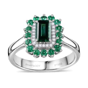 Certified & Appraised Rhapsody AAAA Pirineu Lagoon Tourmaline, Boyaca Colombian Emerald and E-F VS Diamond 1.43 ctw Double Halo Ring in 950 Platinum (Size 5.5) 7.10 Grams