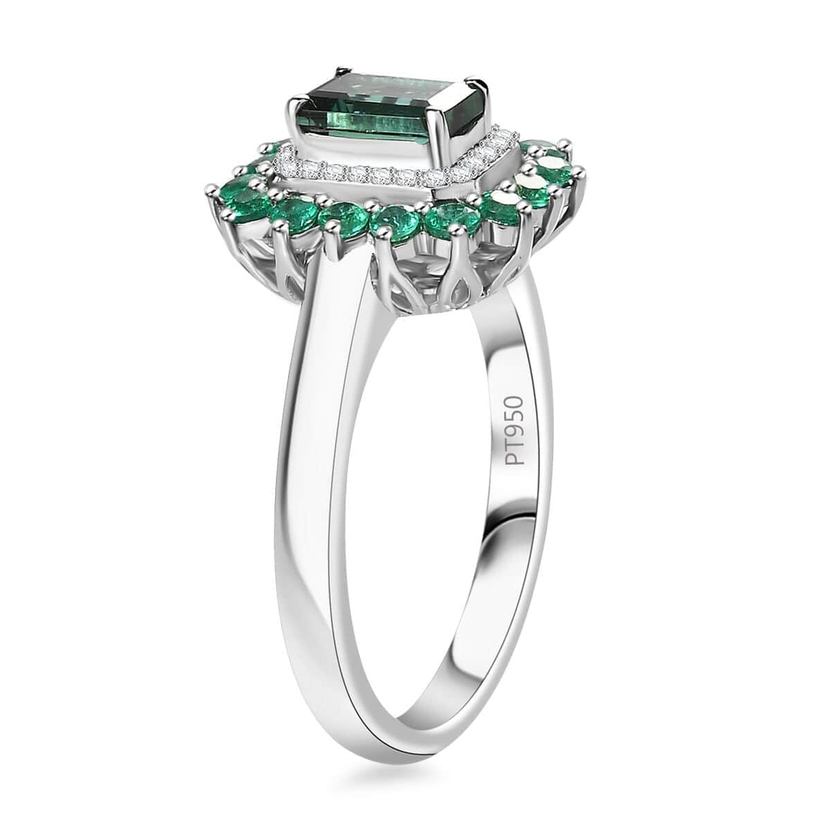 Certified & Appraised Rhapsody AAAA Pirineu Lagoon Tourmaline, Boyaca Colombian Emerald and E-F VS Diamond 1.43 ctw Double Halo Ring in 950 Platinum (Size 5.5) 7.10 Grams image number 3