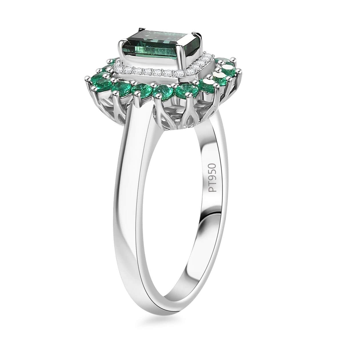 Certified & Appraised Rhapsody 950 Platinum AAAA Pirineu Lagoon Tourmaline, Boyaca Colombian Emerald and Diamond Double Halo Ring 7.10 Grams 1.43 ctw image number 3