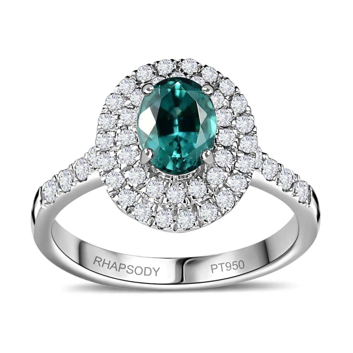 Certified & Appraised Rhapsody AAAA Pirineu Lagoon Tourmaline and E-F VS Diamond 2.20 ctw Double Halo Ring in 950 Platinum (Size 10.0) 6.50 Grams image number 0