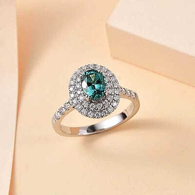 Certified & Appraised Rhapsody AAAA Pirineu Lagoon Tourmaline and E-F VS Diamond 2.20 ctw Double Halo Ring in 950 Platinum (Size 10.0) 6.50 Grams