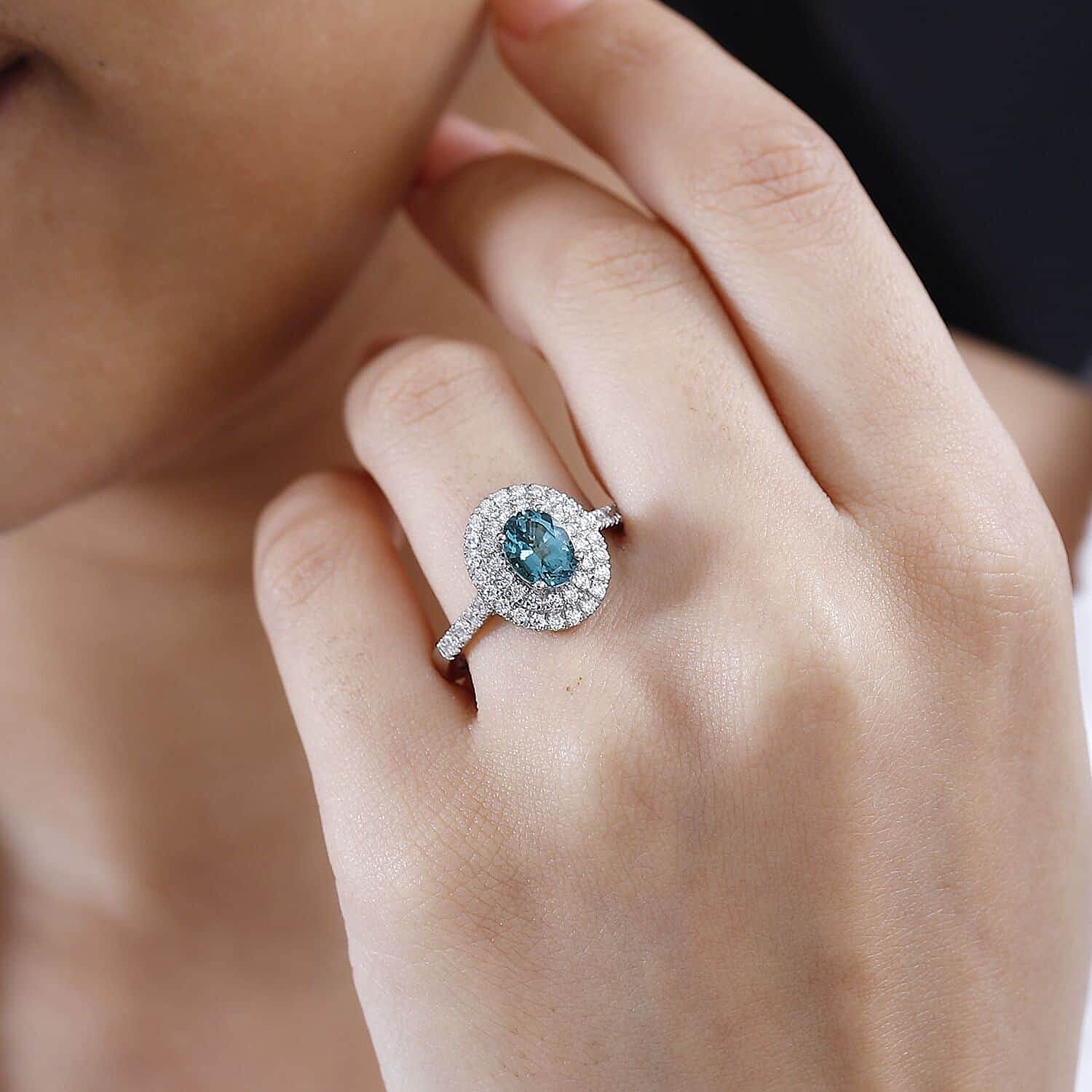 Certified & Appraised Rhapsody AAAA Pirineu Lagoon Tourmaline and E-F VS Diamond 2.20 ctw Double Halo Ring in 950 Platinum (Size 10.0) 6.50 Grams