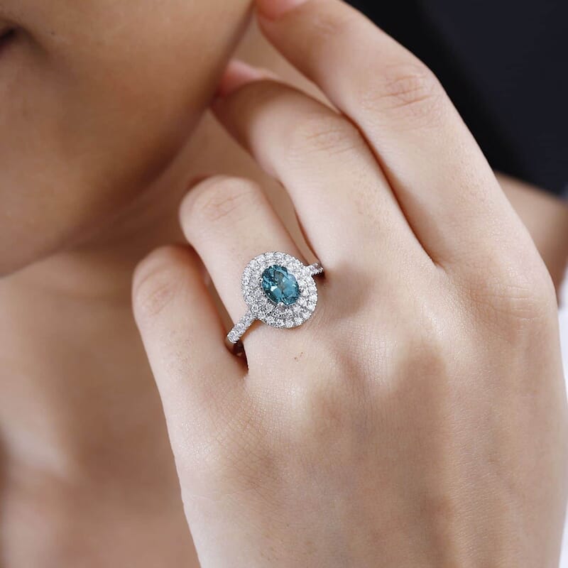 Certified & Appraised Rhapsody AAAA Pirineu Lagoon Tourmaline and E-F VS Diamond 2.20 ctw Double Halo Ring in 950 Platinum (Size 10.0) 6.50 Grams