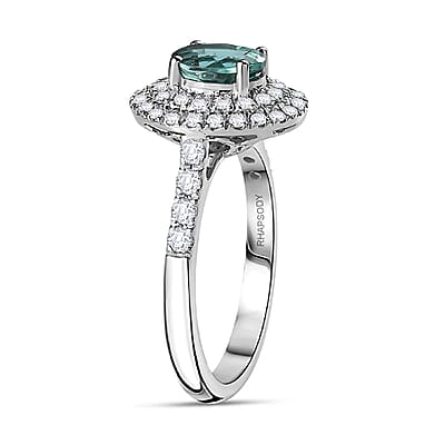 Certified & Appraised Rhapsody AAAA Pirineu Lagoon Tourmaline and E-F VS Diamond 2.20 ctw Double Halo Ring in 950 Platinum (Size 10.0) 6.50 Grams