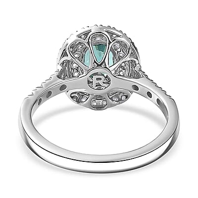 Certified & Appraised Rhapsody AAAA Pirineu Lagoon Tourmaline and E-F VS Diamond 2.20 ctw Double Halo Ring in 950 Platinum (Size 10.0) 6.50 Grams