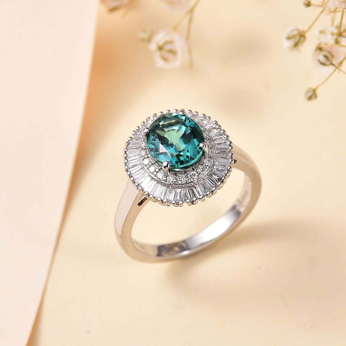 Certified & Appraised Rhapsody AAAA Lagoon Tourmaline and E-F VS Diamond 2.90 ctw Cocktail Ring in 950 Platinum (Size 7.0) 6.60 Grams image number 1