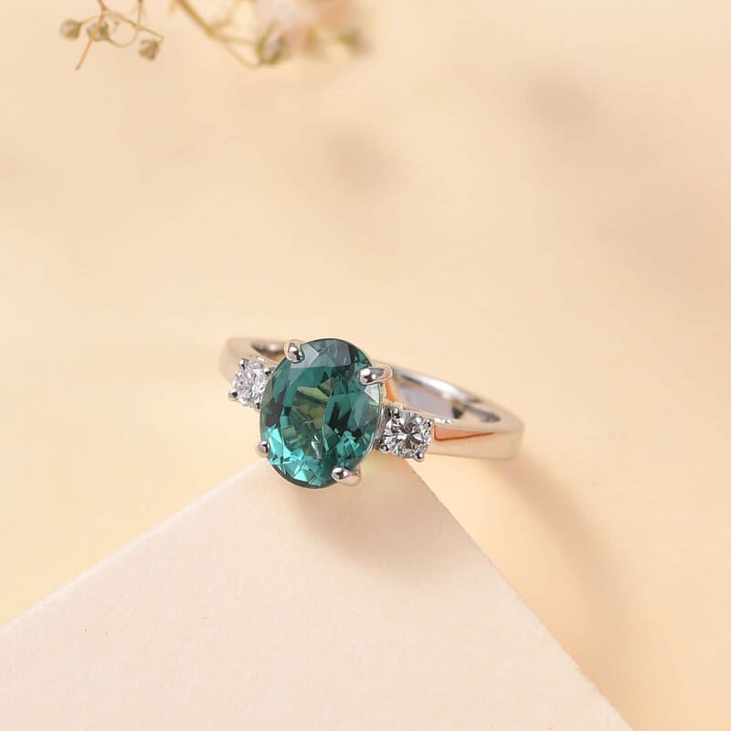 Certified & Appraised Rhapsody AAAA Pirineu Lagoon Tourmaline and E-E VS Diamond 2.90 ctw Ring in 950 Platinum (Size 10.0) 6.95 Grams