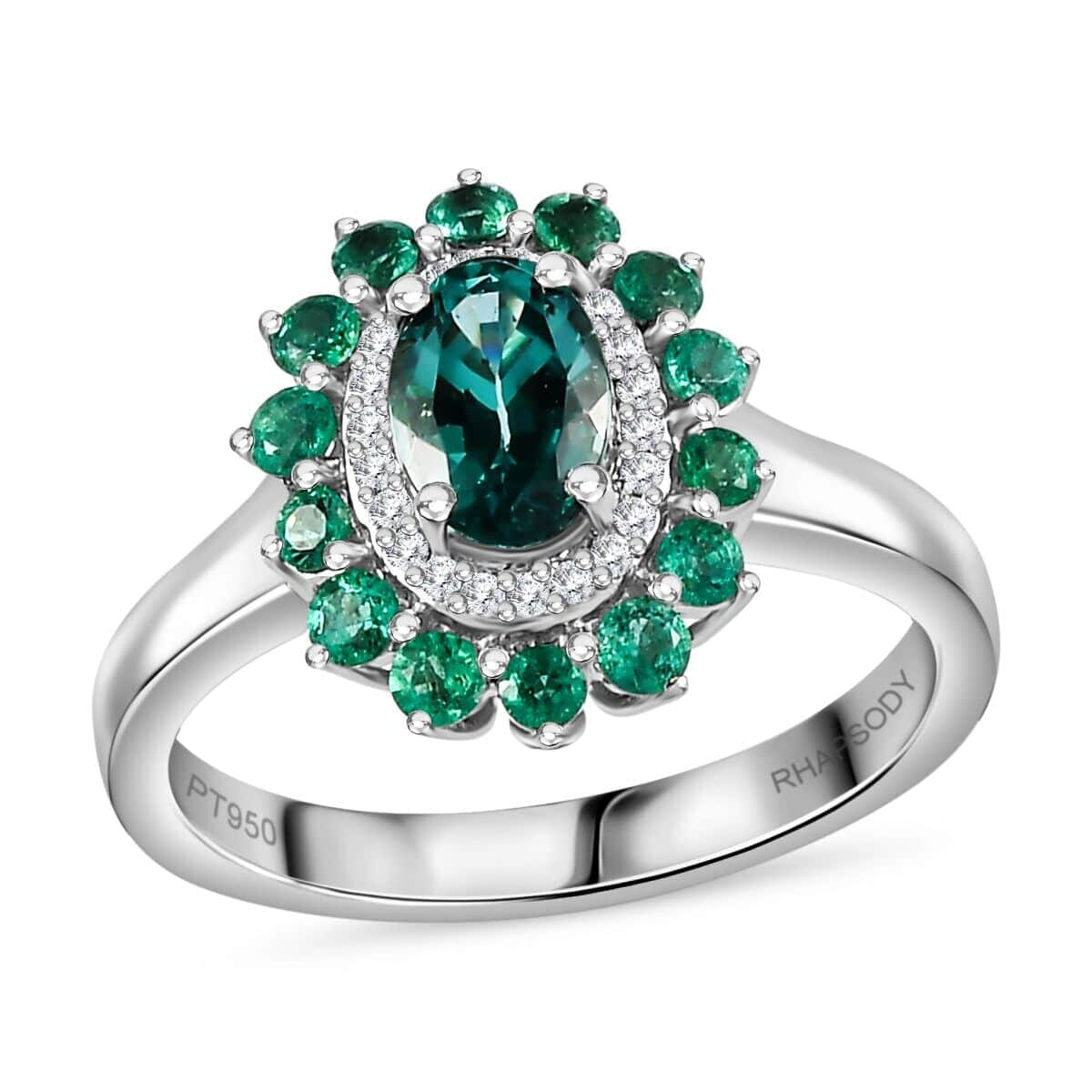 Certified & Appraised Rhapsody AAAA Pirineu Lagoon Tourmaline, Boyaca Colombian Emerald and E-F VS Diamond 1.41 ctw Floral Ring in 950 Platinum (Size 8.5) 7 Grams image number 0