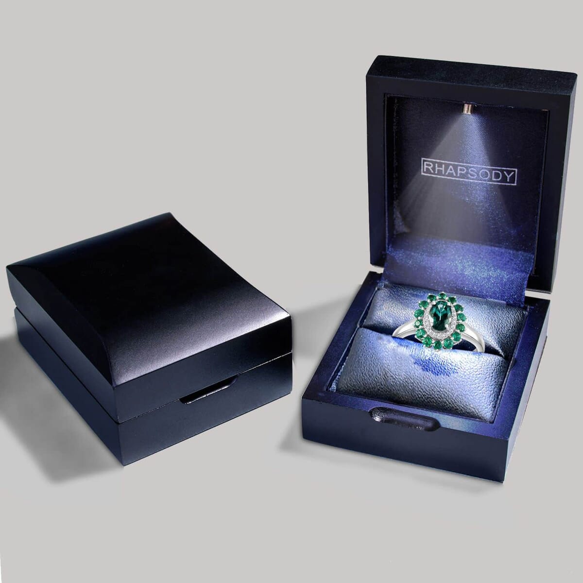 Certified & Appraised Rhapsody AAAA Pirineu Lagoon Tourmaline, Boyaca Colombian Emerald and E-F VS Diamond 1.41 ctw Floral Ring in 950 Platinum (Size 8.5) 7 Grams image number 1