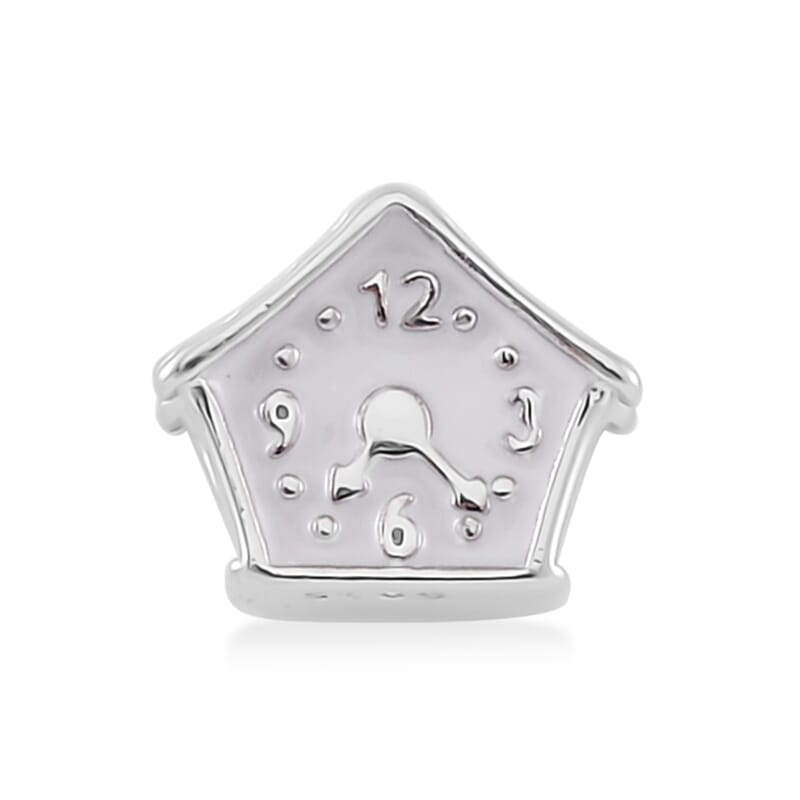 Enameled House Clock Charm in Rhodium Over Sterling Silver 3 Grams