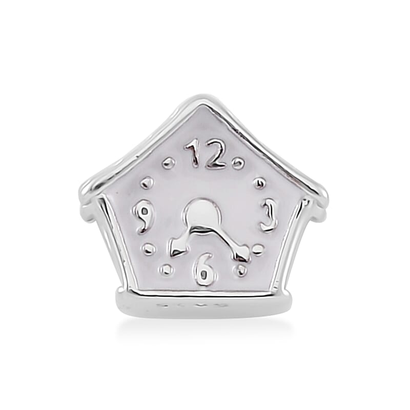 Enameled House Clock Charm in Rhodium Over Sterling Silver 3 Grams