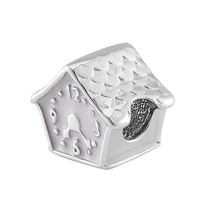 Enameled House Clock Charm in Rhodium Over Sterling Silver 3 Grams