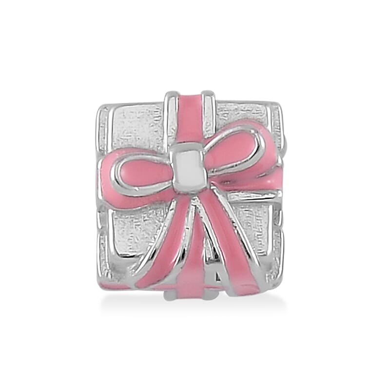 Pink Enameled Gift Charm in Rhodium Over Sterling Silver