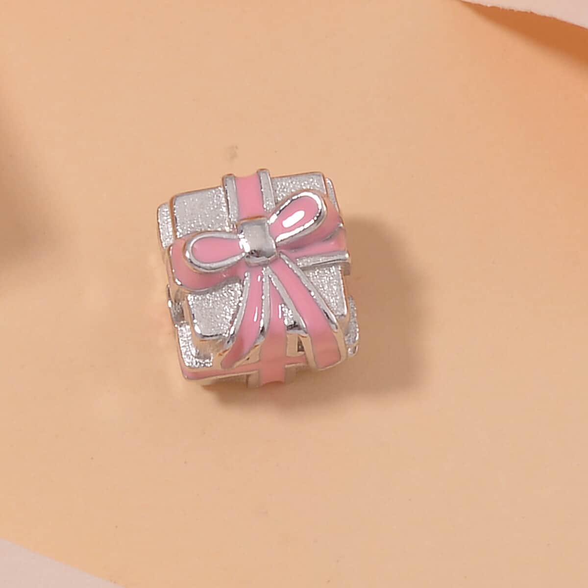 Pink Enameled Gift Charm in Rhodium Over Sterling Silver image number 1