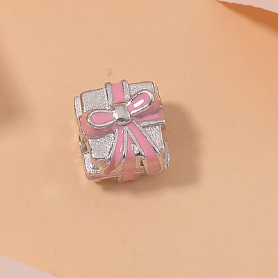 Pink Enameled Gift Charm in Rhodium Over Sterling Silver