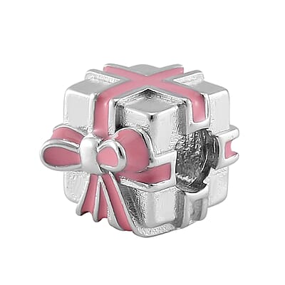 Pink Enameled Gift Charm in Rhodium Over Sterling Silver