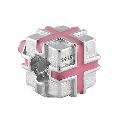 Pink Enameled Gift Charm in Rhodium Over Sterling Silver