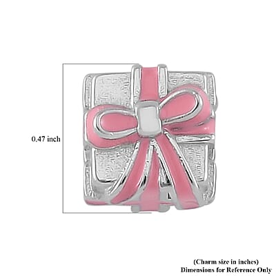 Pink Enameled Gift Charm in Rhodium Over Sterling Silver